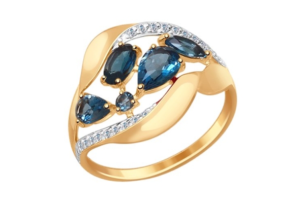 Кольцо из золота с синими топазами и фианитами