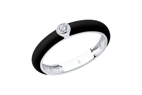 Чёрное кольцо из серебра с эмалью с фианитом